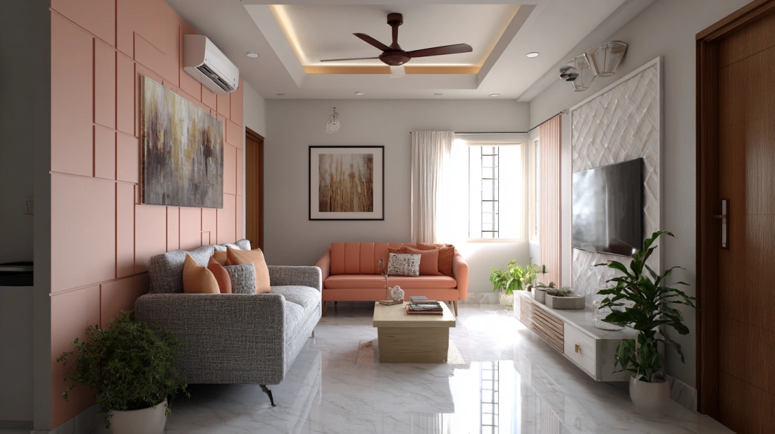 Textured geometric gypsum panel backing apartment television screen