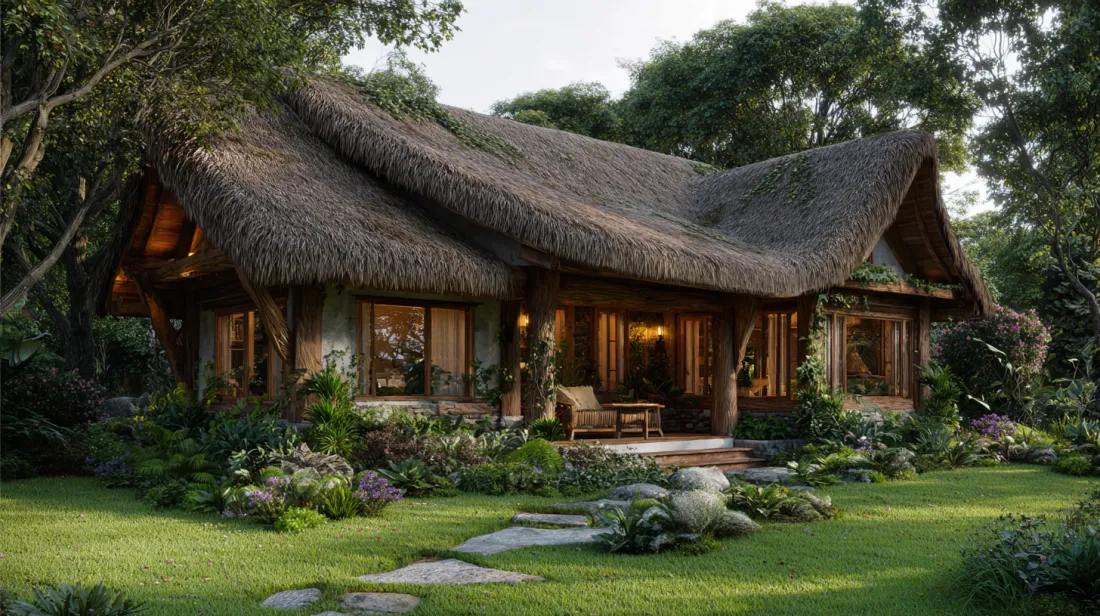 Rustic single-story home with a thick thatched roof and wood pillars
