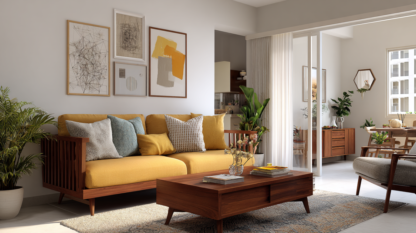 Mid-century living room with mustard sofa and walnut furniture