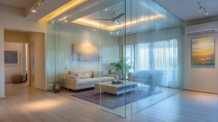 floating illusion glass wall design for living room with airy effect