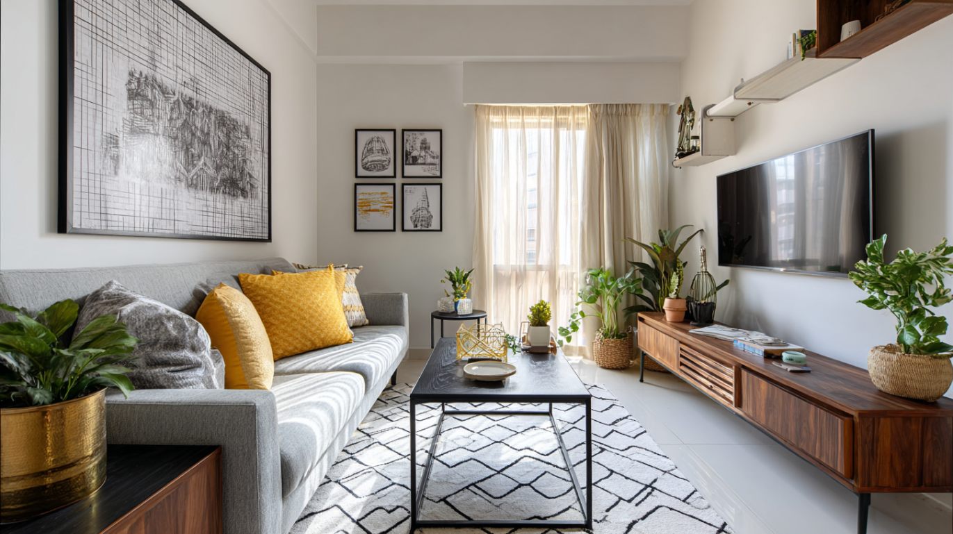 Graphic mid-century living room with geometric décor