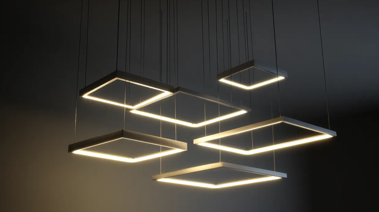 ceiling LED lights featuring various hanging geometric shapes with warm glow