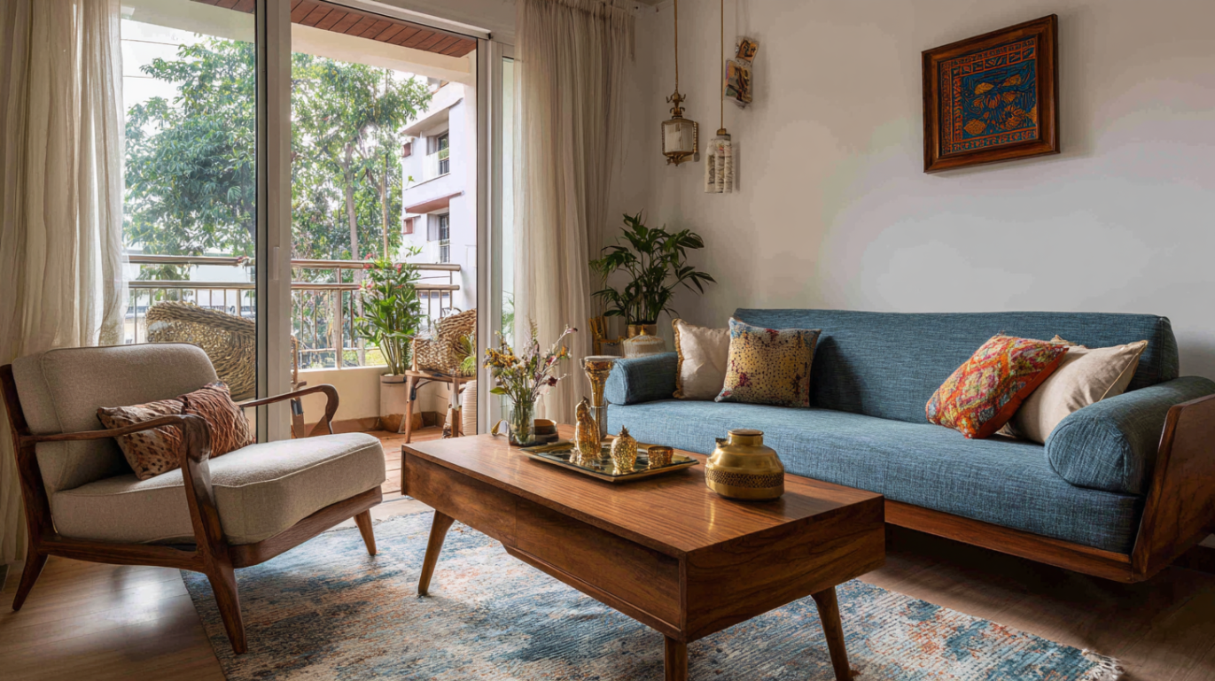 ndian mid-century living room with handcrafted décor