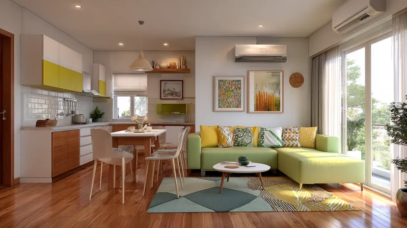 Bright and modern interior house design with green accents