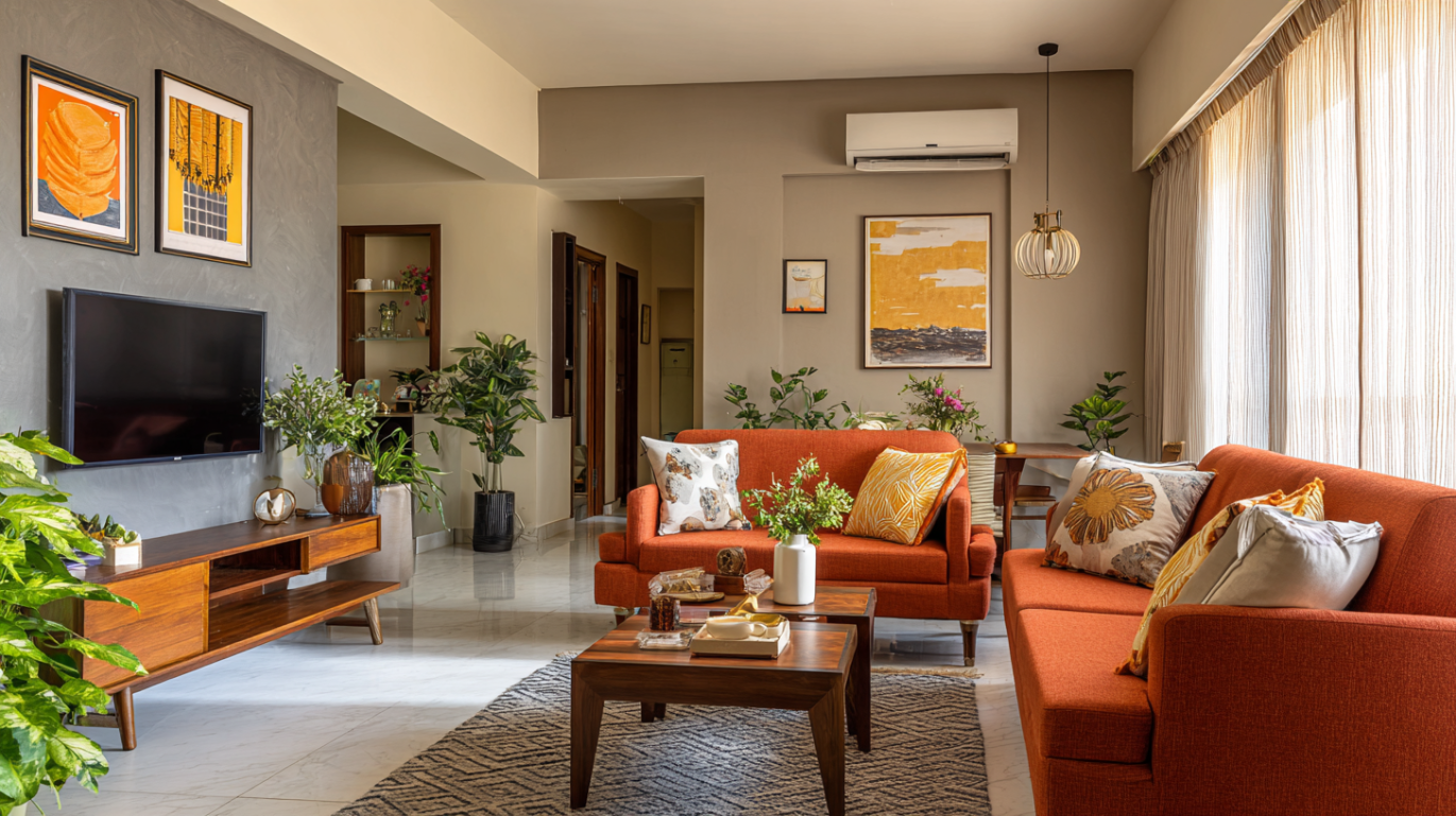 Open-plan mid-century lounge with zoned seating