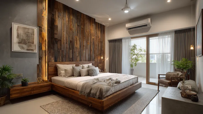 Rustic reclaimed wood plank wall behind a modern platform bed