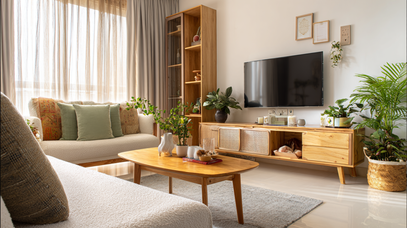 Scandinavian mid-century living room with pale oak furniture