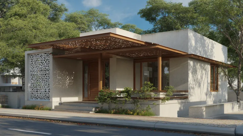 Decorative thermocol sheet for roof design on modern porch.