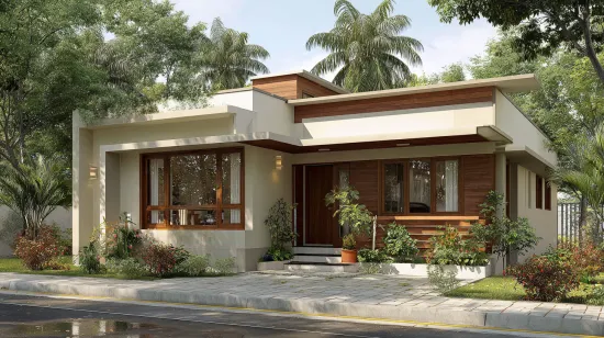 Three Bedroom Small House Design with wooden paneling.
