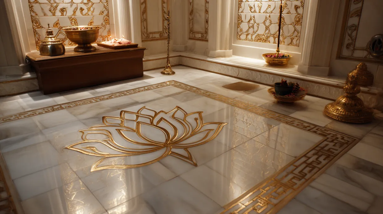 pooja room with tile inlay design and soft lighting