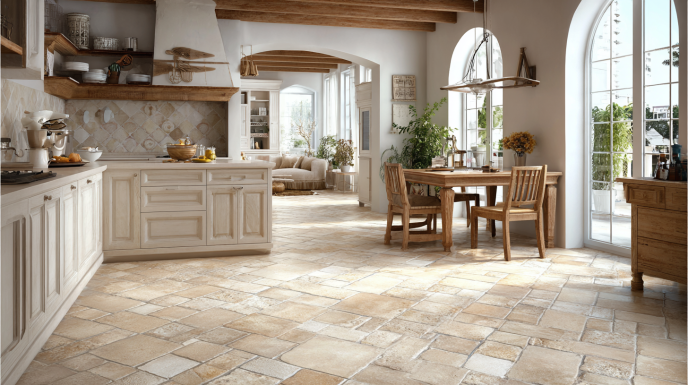 Tile for the kitchen floor in a neutral colour Kitchen Floor Design