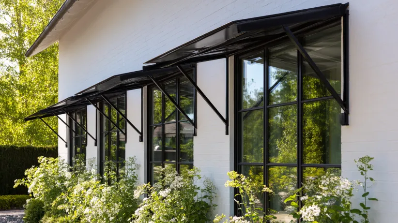Black steel frame windows with industrial metal awnings on a white exterior wall.