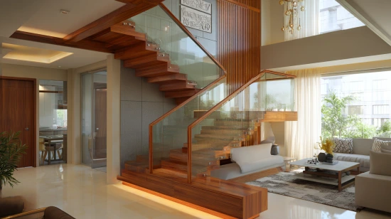 tinted glass panels featured in modern stair railing design