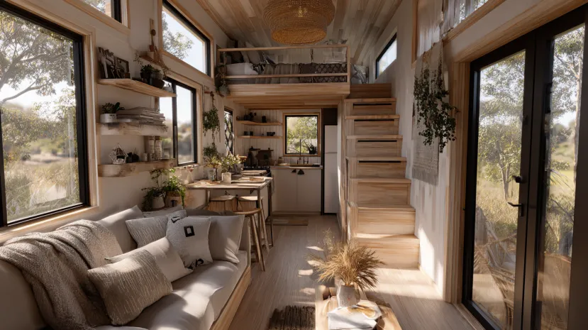 Cozy tiny house design with a wooden loft bedroom