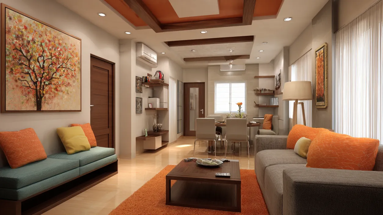 Compact living room with orange rug and wooden accents.