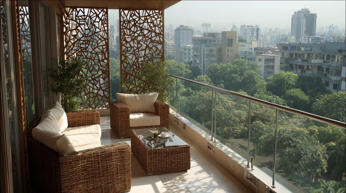 Modern balcony with toughened glass railings and decorative laser-cut privacy screens