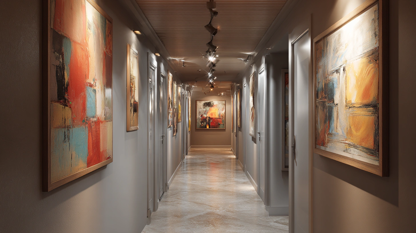 Adjustable black track lights installed on a hallway ceiling