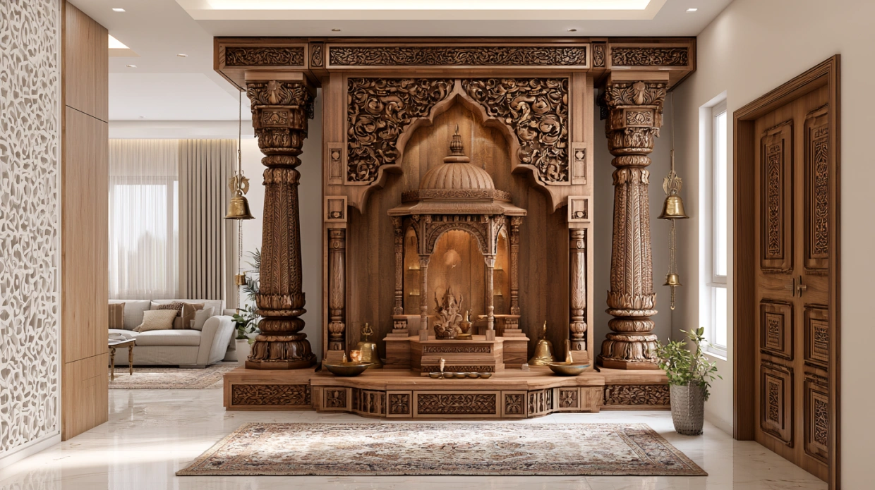 Handcrafted carved wood corner pooja mandir