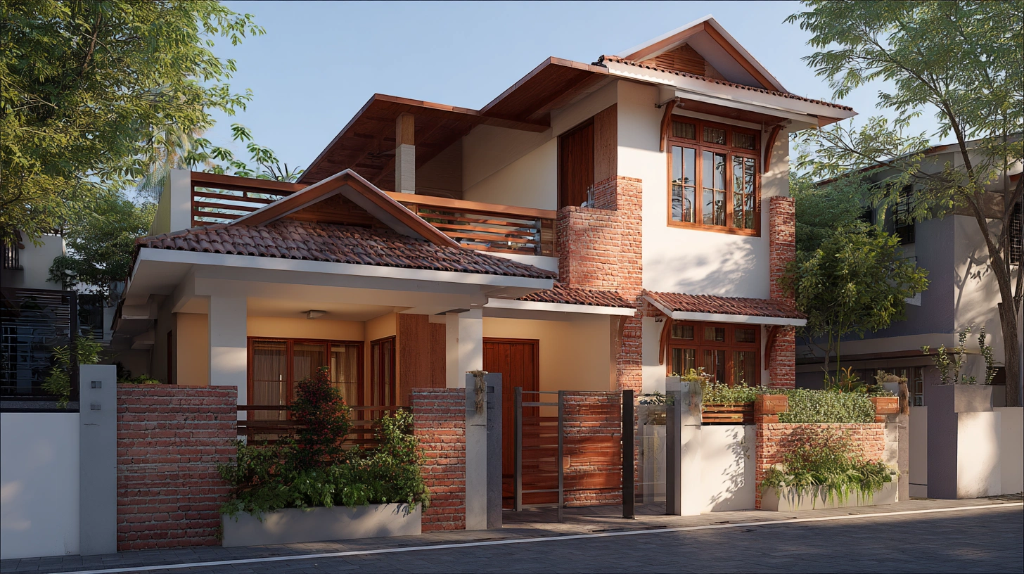 Cream two-floor house with red tile roof and rangoli