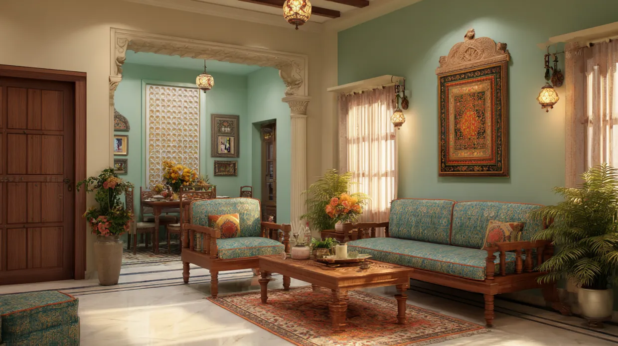 traditional indian living room with wooden furniture, teal cushions, and ornate decor