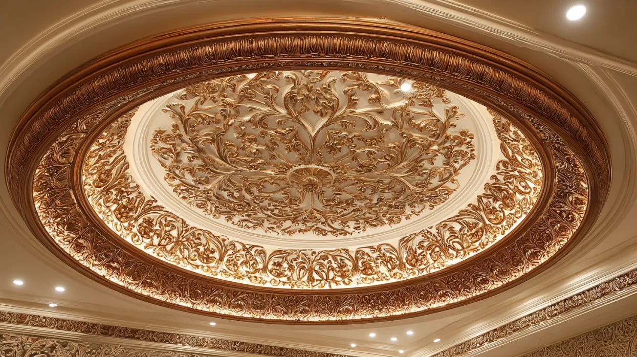 traditional elegance pooja room false ceiling with wooden dome and carvings