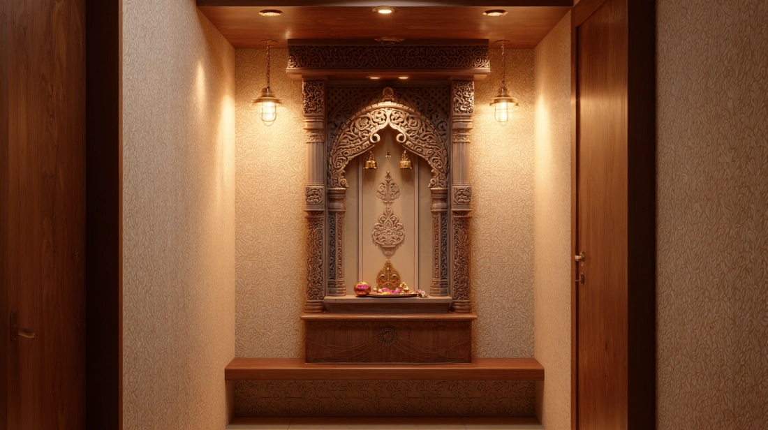 Teak wood wall mandir with brass bells in foyer
