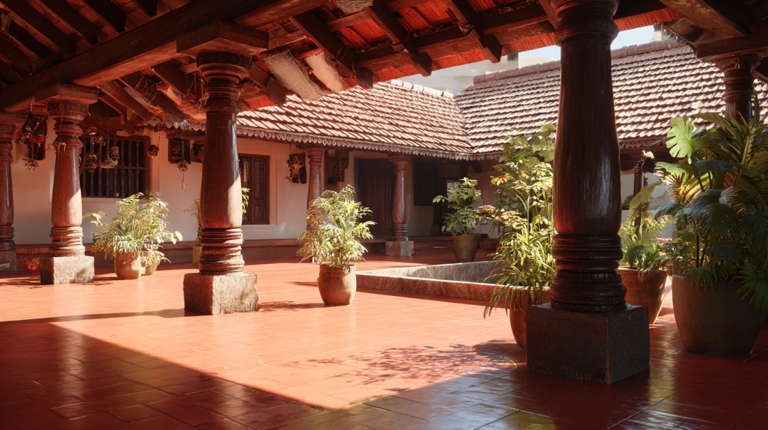 Classic Indian "Angan" with wooden pillars and open sky