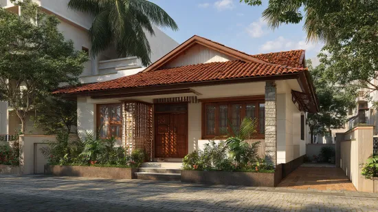 Traditional Indian Duplex House Design with stone pillar.