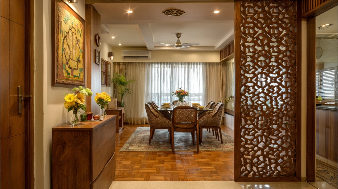 Detailed brown wooden lattice frames dining area