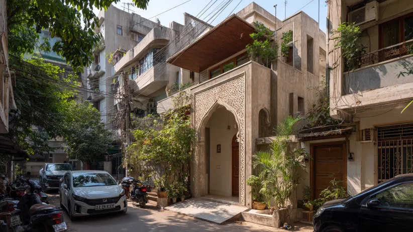 Ornate white Jharokha arch on a modern urban house front