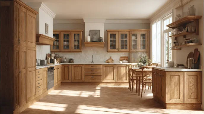 antique oak indian kitchen design with warm wooden finishes