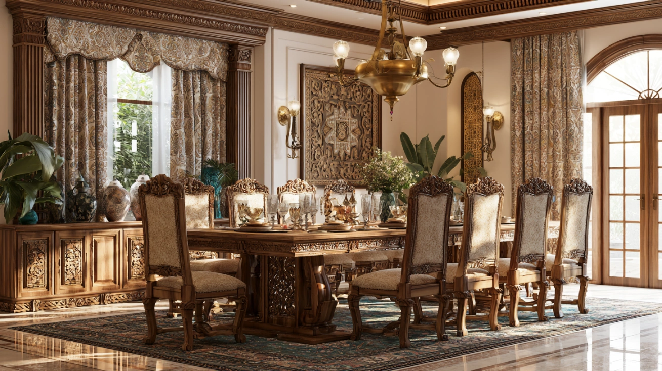 Traditional Indian luxury dining room with carved wooden dining table.