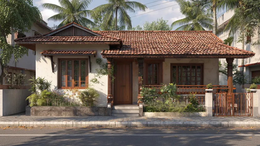 Traditional Indian Style Small House Design with porch.