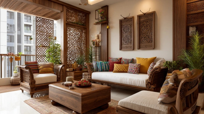 Traditional Indian living room with wood decor