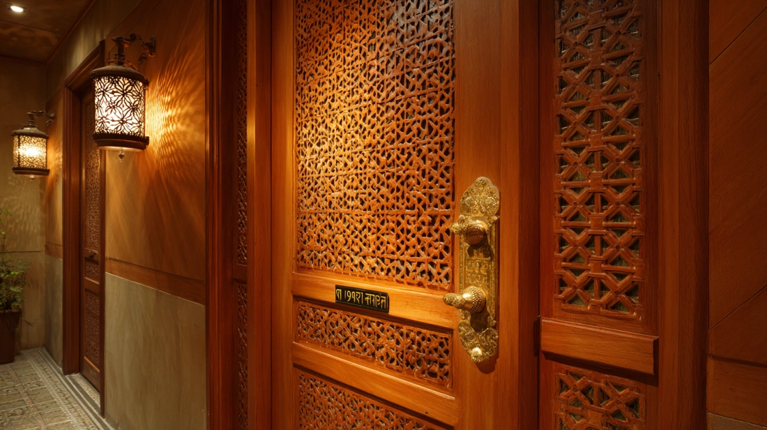 Veneer door with traditional design and brass handle
