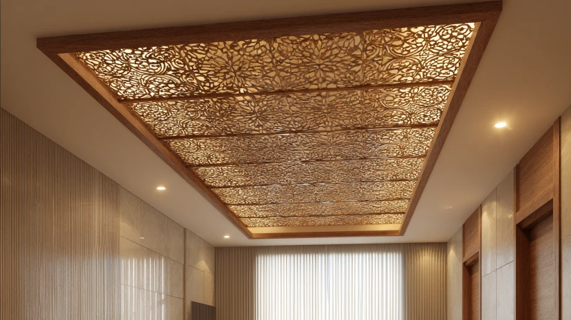 traditional jali ceiling used in a simple main hall fall ceiling design