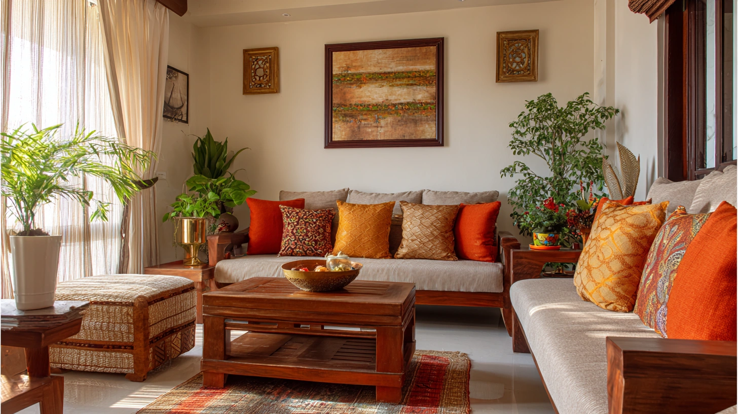 Close view of carved traditional Indian living furniture
