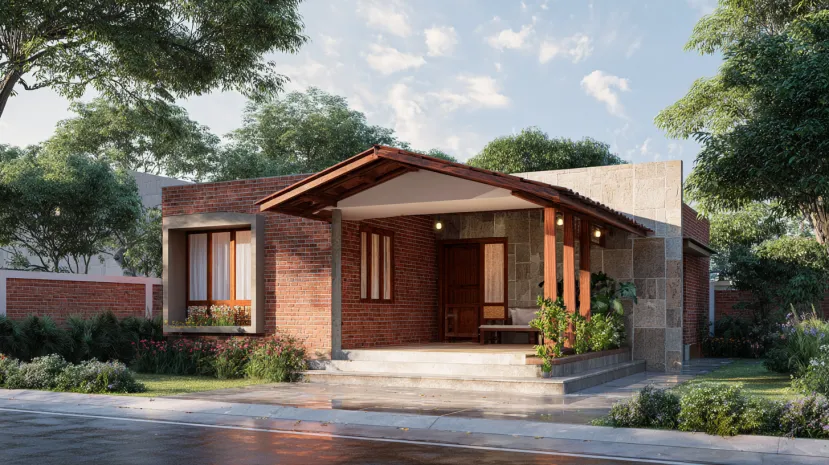 Rustic one-story brick home with a pitched wooden porch roof