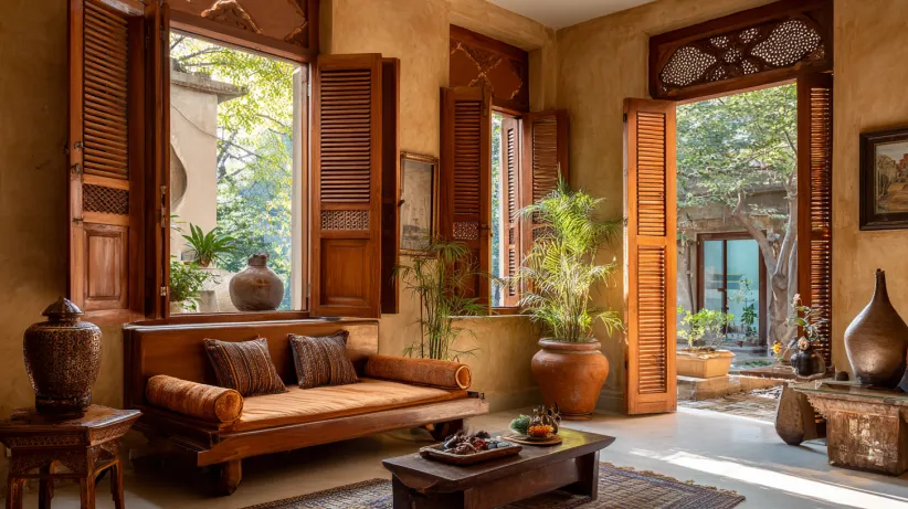 Rustic wooden windows with folding shutters in a warm traditional living room setting.