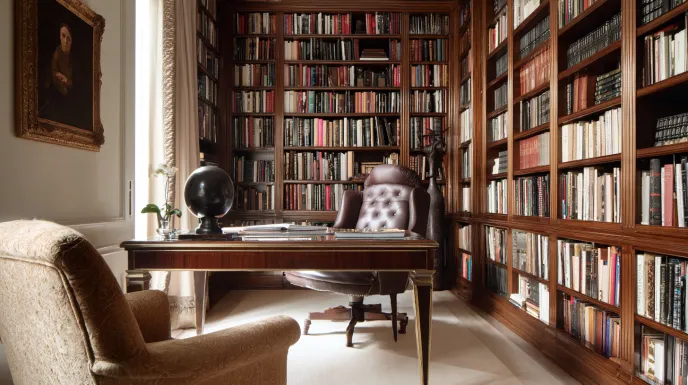 executive office setup with classic home library design