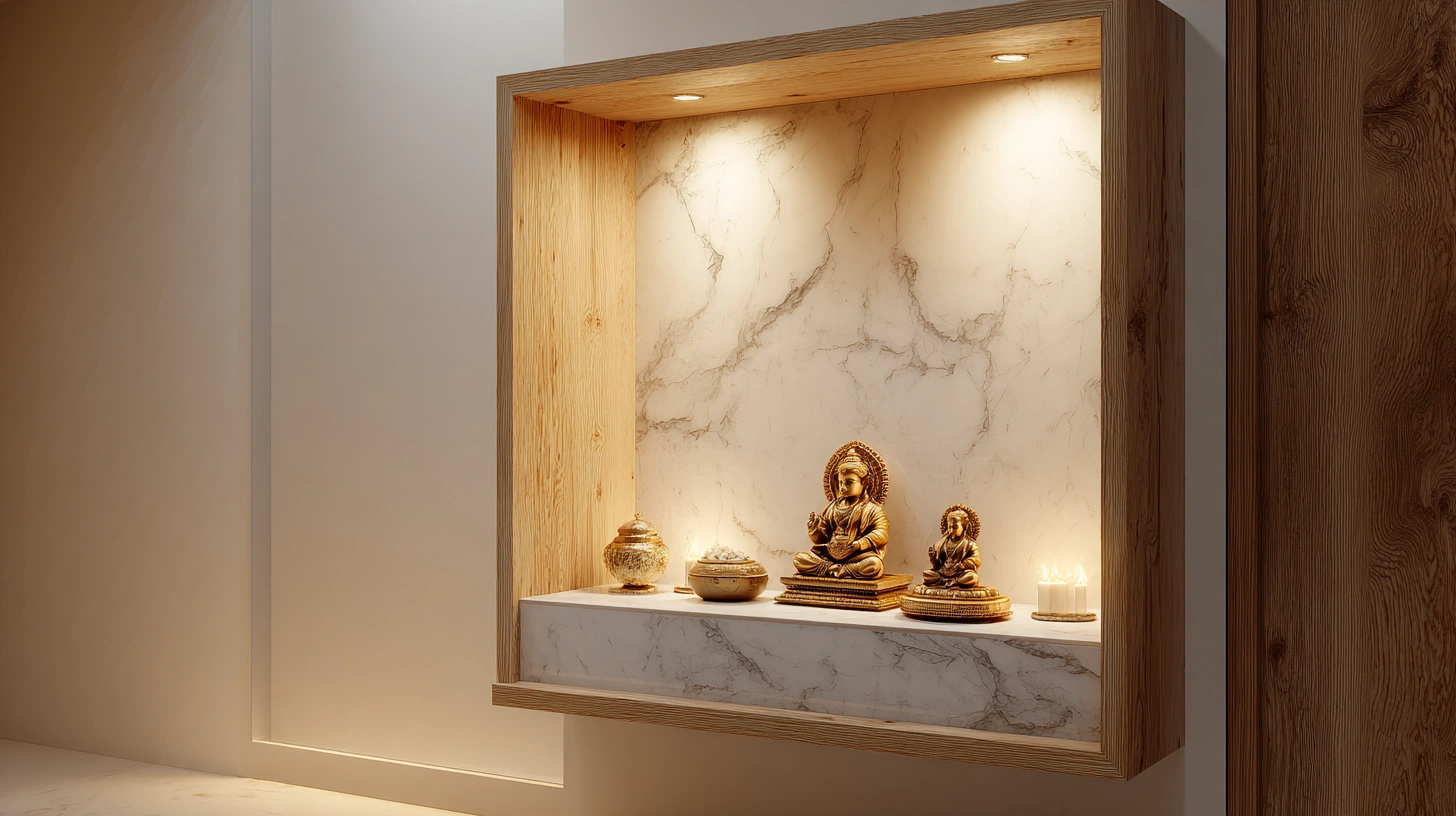 White marble back wall mandir with wood frame