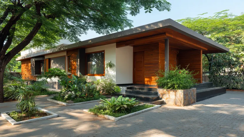 One-story home with wood siding and a flat roof in a lush garden