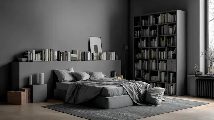tranquil bedside shelving in bohemian home library design