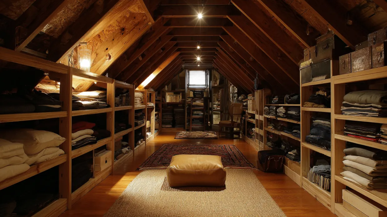 attic storage with shelves and wooden chairs for store room design
