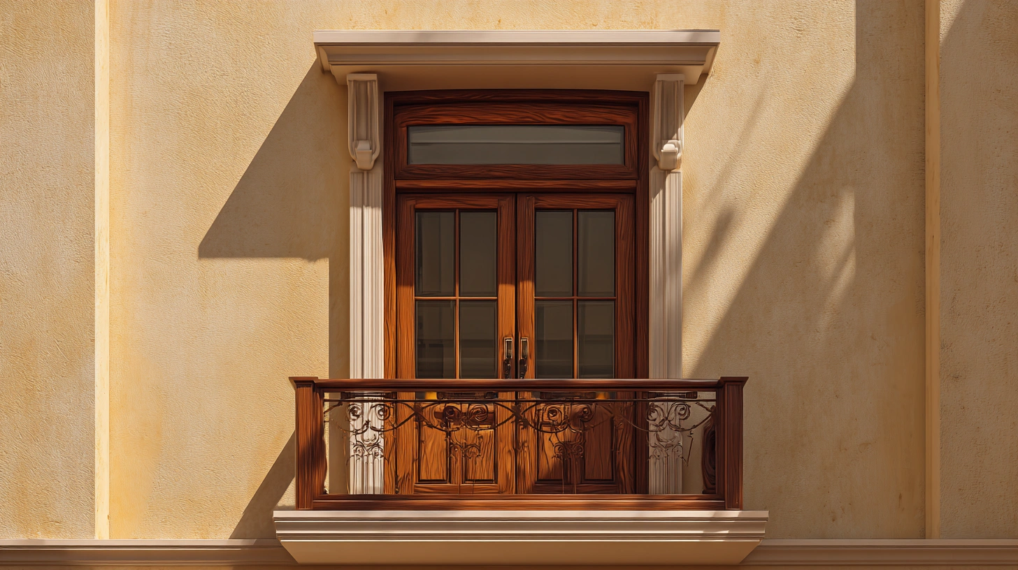 Decorative transom windows placed above main balcony doors