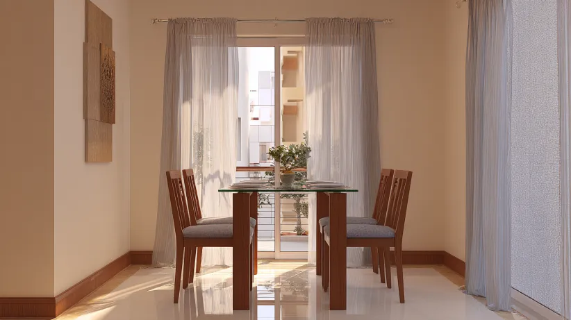 Modern glass dining table with four wooden chairs by a window.