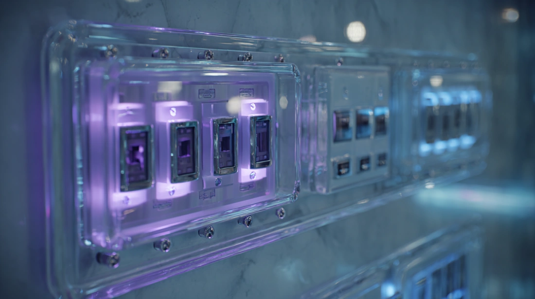 Cyberpunk-style transparent modular switchboard with purple LED backlighting