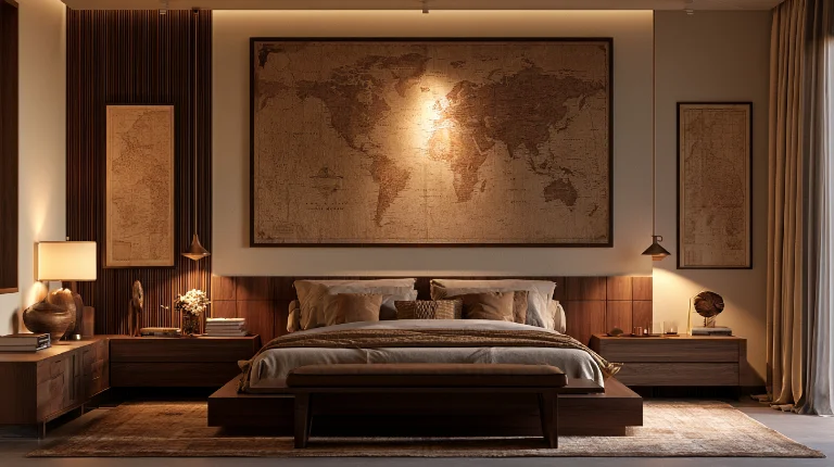 World map wall art in a bedroom