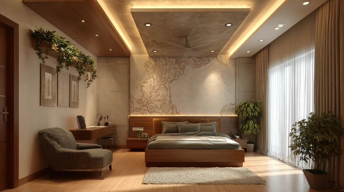 Master bedroom with an elegant gypsum tray ceiling design