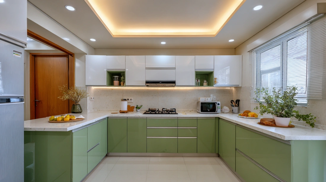 Elegant Indian kitchen featuring a classic recessed tray ceiling